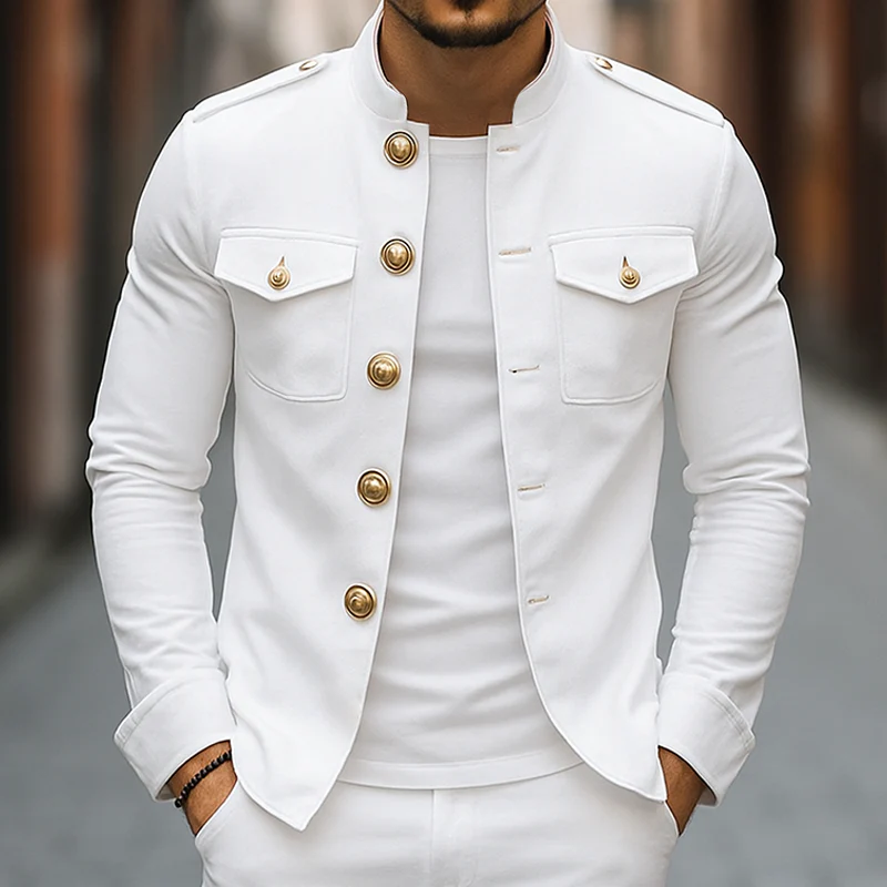 Men's Vintage Casual Solid Stand Collar Button Jacket - Image 8