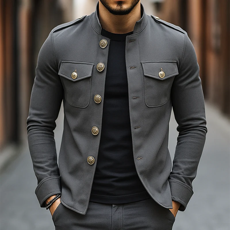Men's Vintage Casual Solid Stand Collar Button Jacket - Image 9