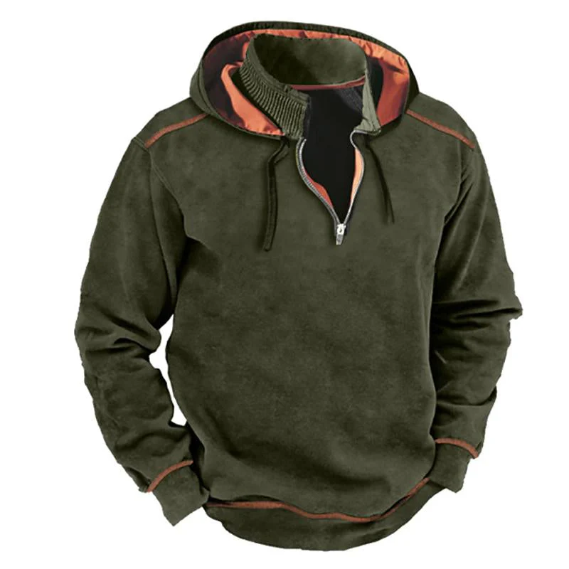 Men's Vine Contrastipper Stand Collar Patchwork Hooded Sweatshirt - Image 3