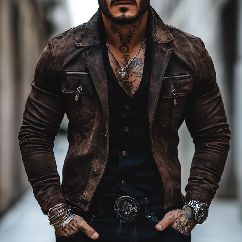 Men's Vine Distressed Sede Lapel Chest Pocket Single Breasted Jacket - Image 2