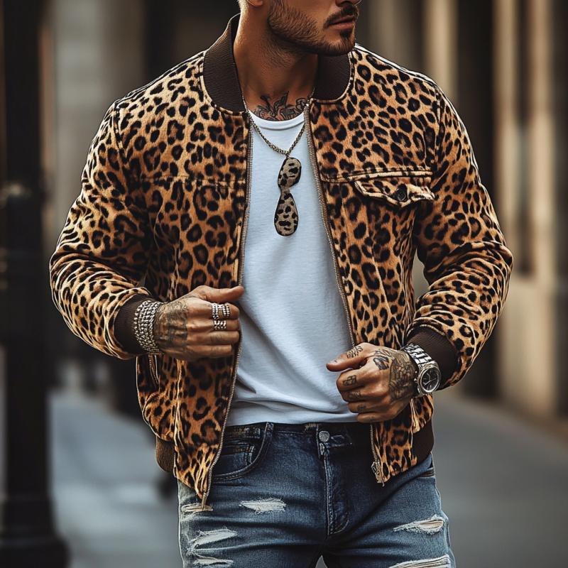 Men's Vine Leopard Print Chest Pocket Bomber Jacket - Image 2