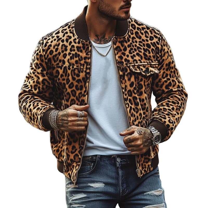 Men's Vine Leopard Print Chest Pocket Bomber Jacket - Image 3
