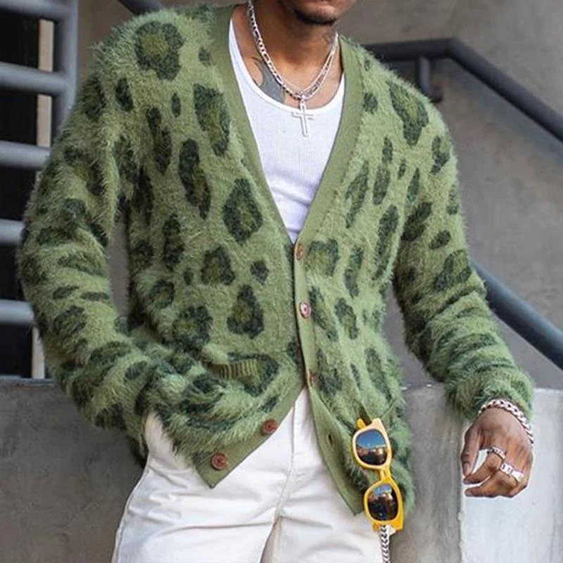 Men's Vintage Leopard V-Neck Single-Breasted Cardigan - Image 2