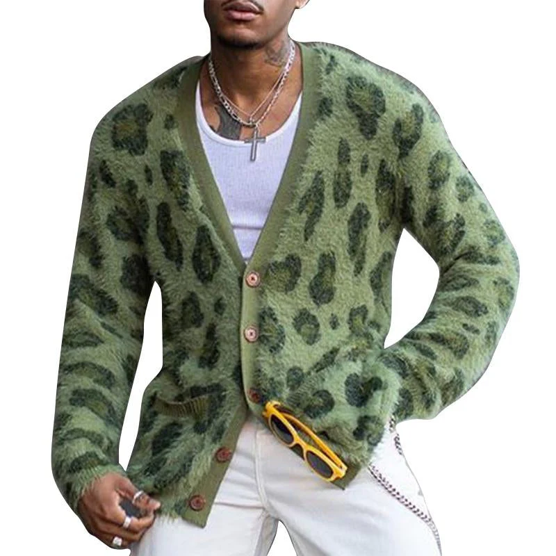 Men's Vintage Leopard V-Neck Single-Breasted Cardigan - Image 5