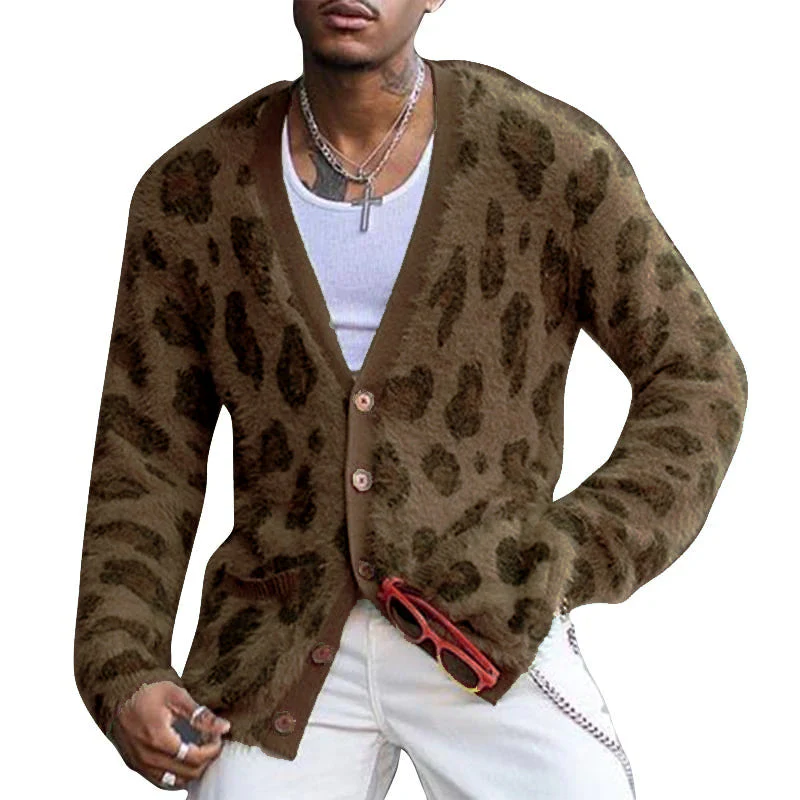 Men's Vintage Leopard V-Neck Single-Breasted Cardigan - Image 6