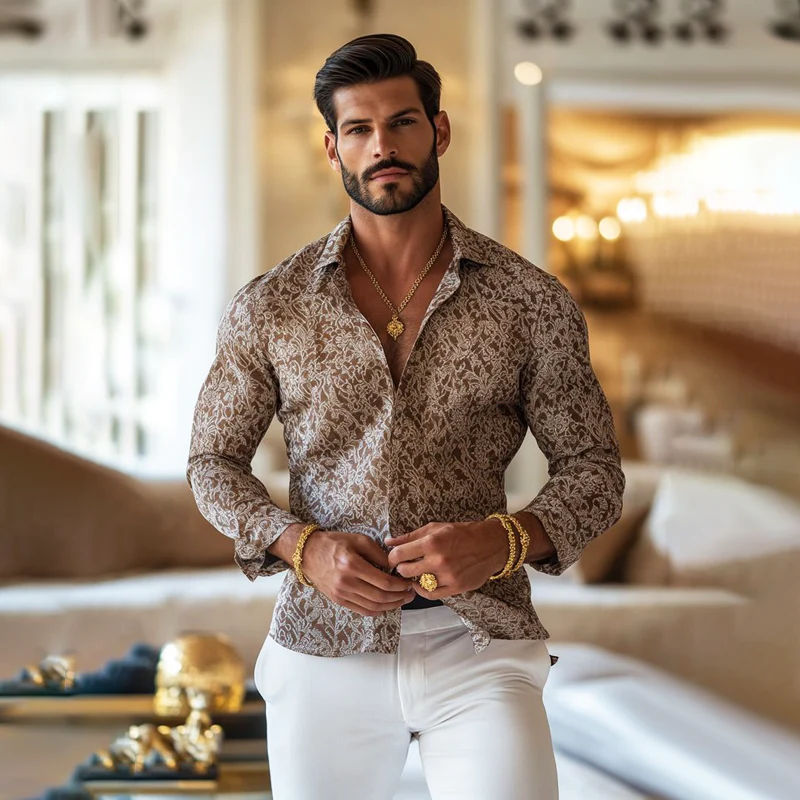 Men's Vine Print Lapel Long Sleeve Shirt - Image 2