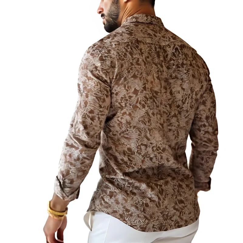 Men's Vine Print Lapel Long Sleeve Shirt - Image 3