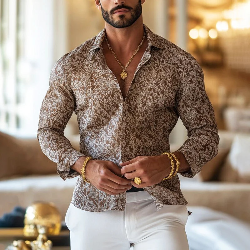 Men's Vine Print Lapel Long Sleeve Shirt - Image 4