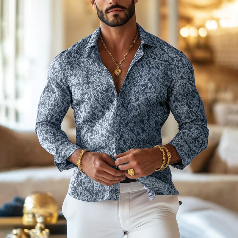 Men's Vine Print Lapel Long Sleeve Shirt - Image 5