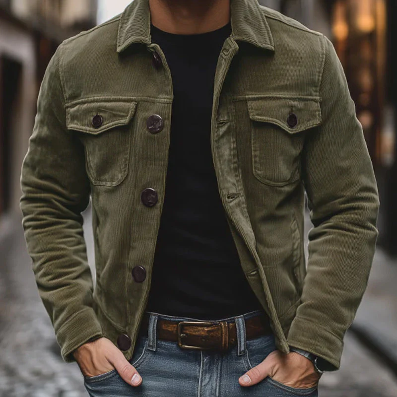 Men's Vine Solid Color Cordroy Lapel Single Breasted Chest Pocket Cargo JacketM - Image 3