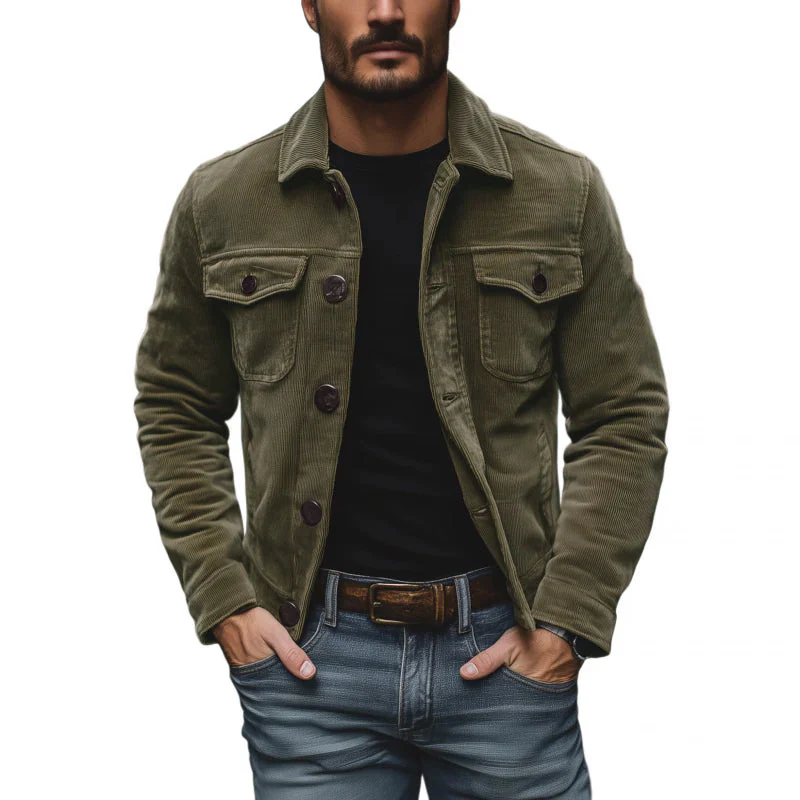 Men's Vine Solid Color Cordroy Lapel Single Breasted Chest Pocket Cargo JacketM - Image 4