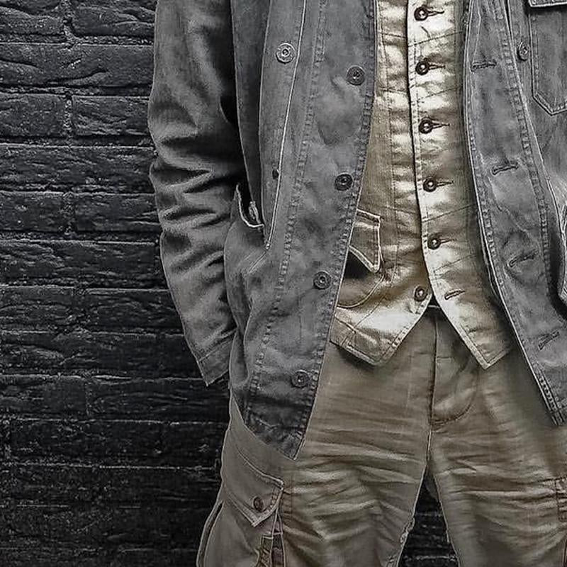 Men's Vintage Solid Multi-Pocket Denim Jacket - Image 2