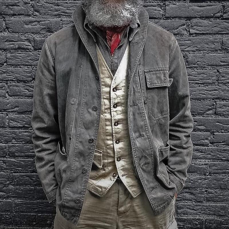 Men's Vintage Solid Multi-Pocket Denim Jacket - Image 3