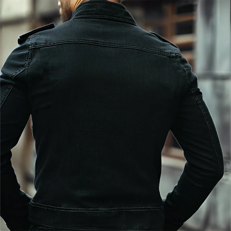 Men's Vintage Stand Collar Denim Jacket - Image 4