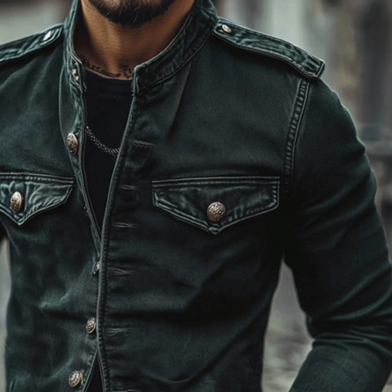 Men's Vintage Stand Collar Denim Jacket - Image 5