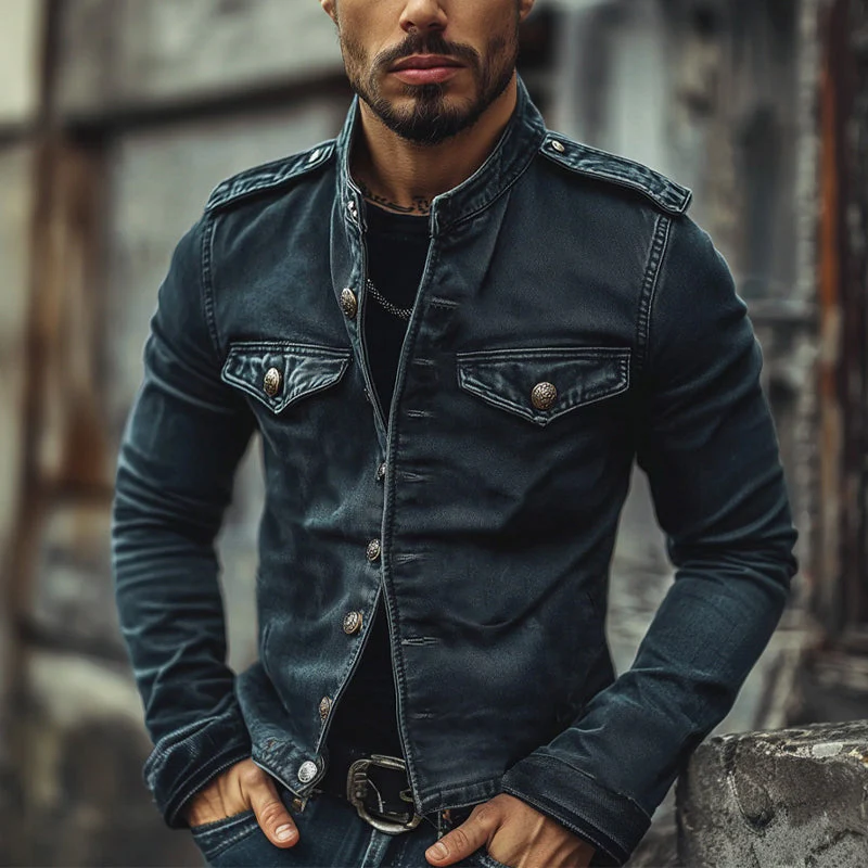 Men's Vintage Stand Collar Denim Jacket - Image 6
