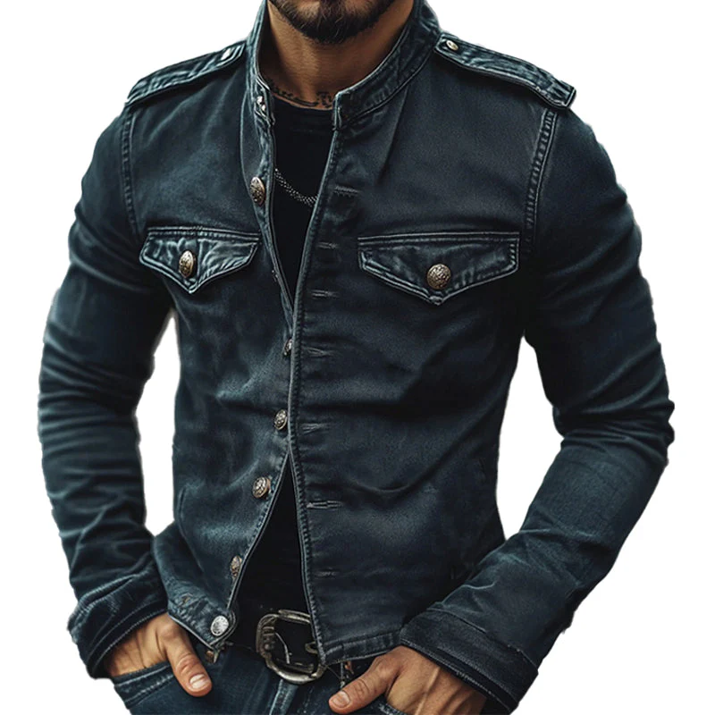 Men's Vintage Stand Collar Denim Jacket - Image 7