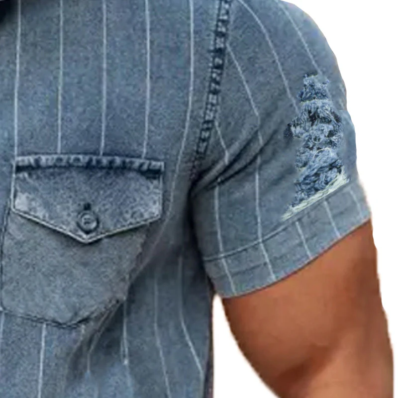 Men's Vine Stripe Ripped Short Sleeve DeniShirt - Image 2