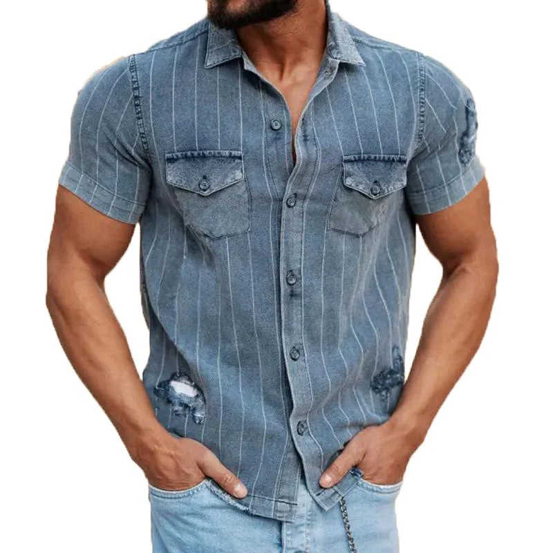 Men's Vine Stripe Ripped Short Sleeve DeniShirt - Image 4