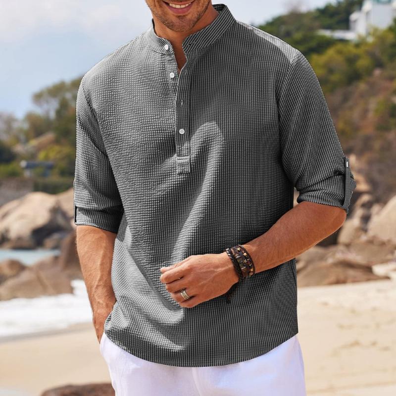 Men's Waffle Stand Collar Rolled Sleeve Long Sleeve Shirt - Image 2