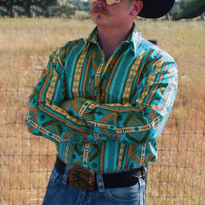 Men's Western Cowboy Stripe Printed Vacation Long Sleeve Shirt - Image 2
