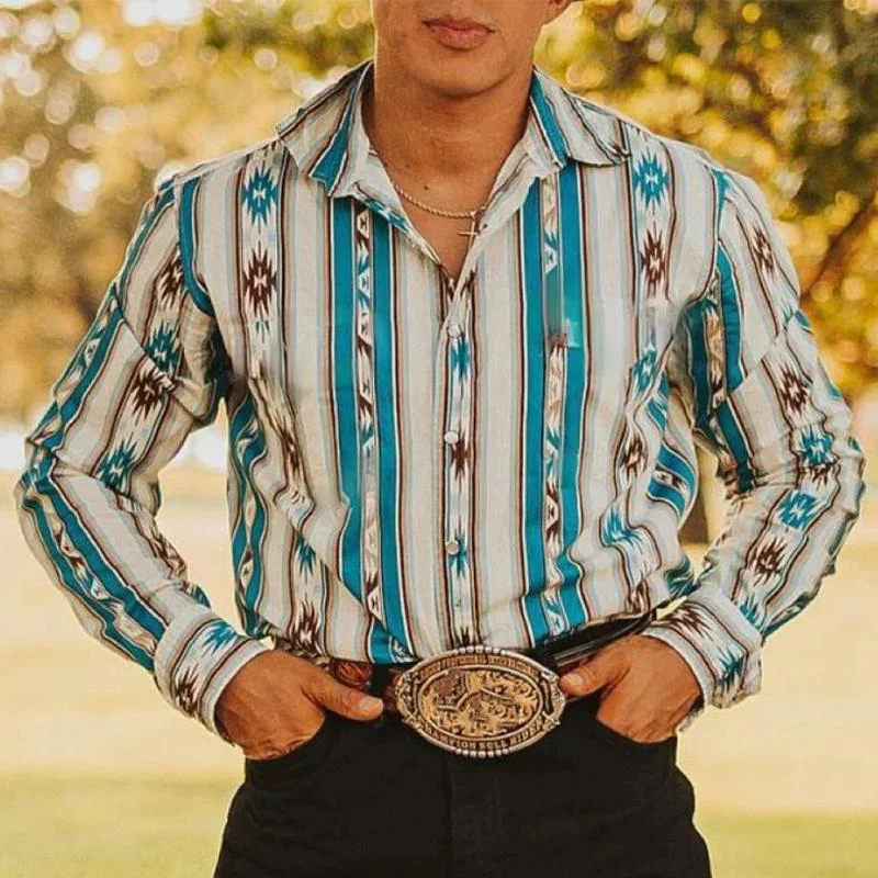 Men's Western Cowboy Stripe Printed Vacation Long Sleeve Shirt - Image 3