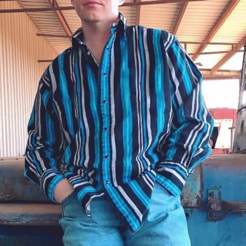 Men's Western Cowboy Stripe Printed Vacation Long Sleeve Shirt - Image 4
