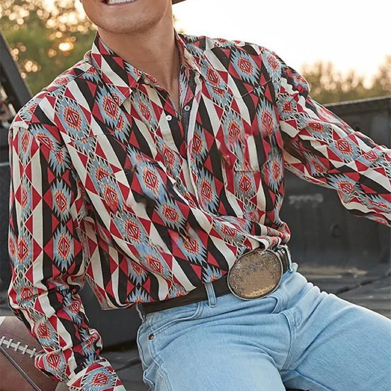 Men's Western Cowboy Stripe Printed Vacation Long Sleeve Shirt - Image 5