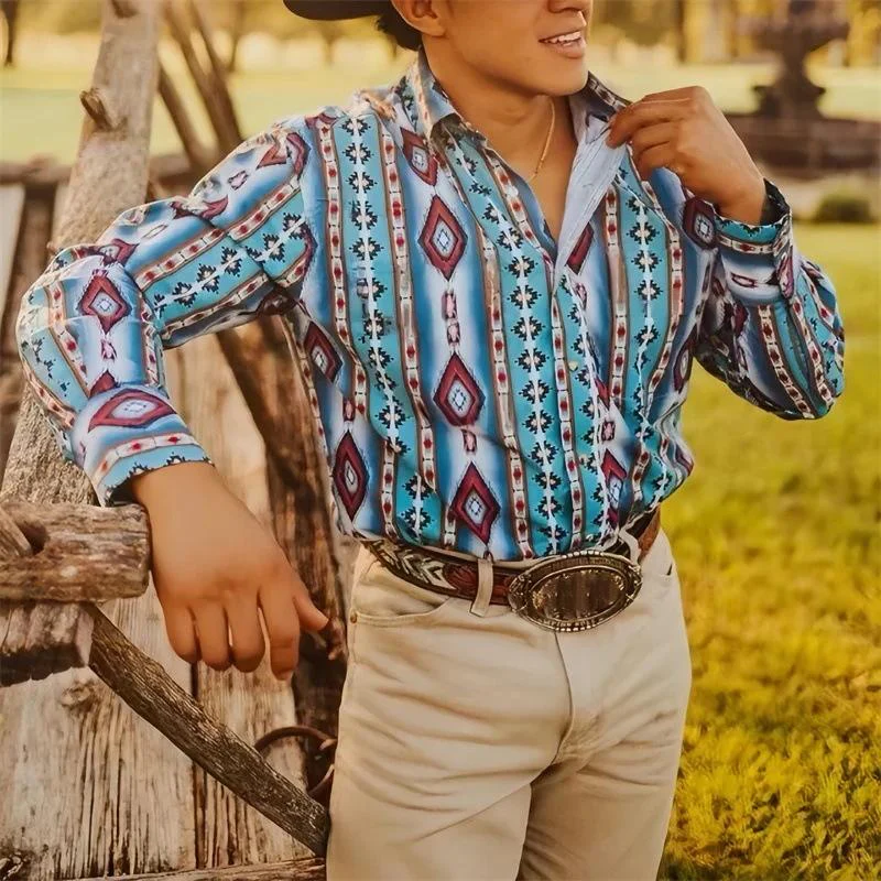 Men's Western Cowboy Stripe Printed Vacation Long Sleeve Shirt - Image 6