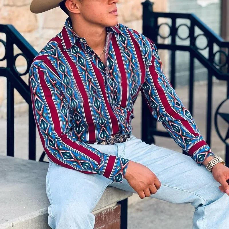 Men's Western Cowboy Stripe Printed Vacation Long Sleeve Shirt - Image 7