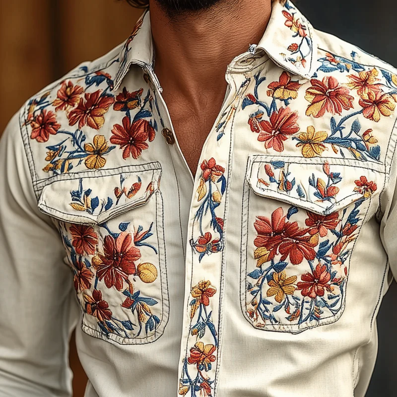 Men's Western Cowboy Style Embroidered Lapel Chest Pocket Long Sleeve Cotn Shirt - Image 2
