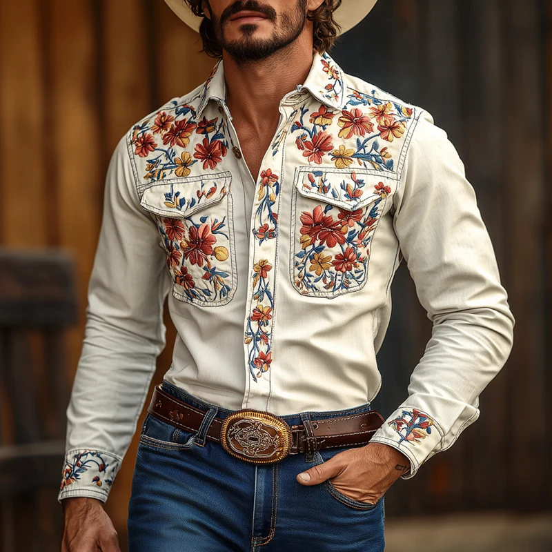 Men's Western Cowboy Style Embroidered Lapel Chest Pocket Long Sleeve Cotn Shirt - Image 3