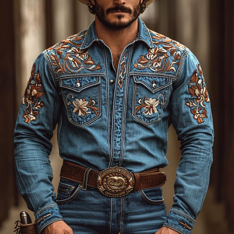 Men's Western Cowboy Style Embroidered Lapel Chest Pocket Long Sleeve DeniShirt - Image 5