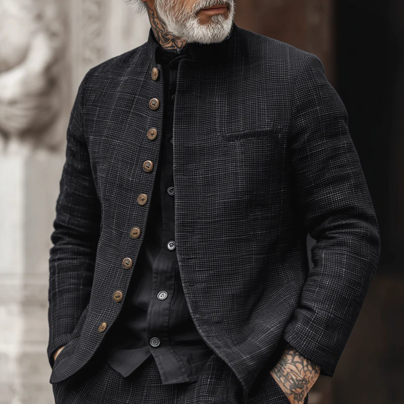 Men's Woven Textred Plaid Stand Collar Single-Breasted Jacket - Image 6