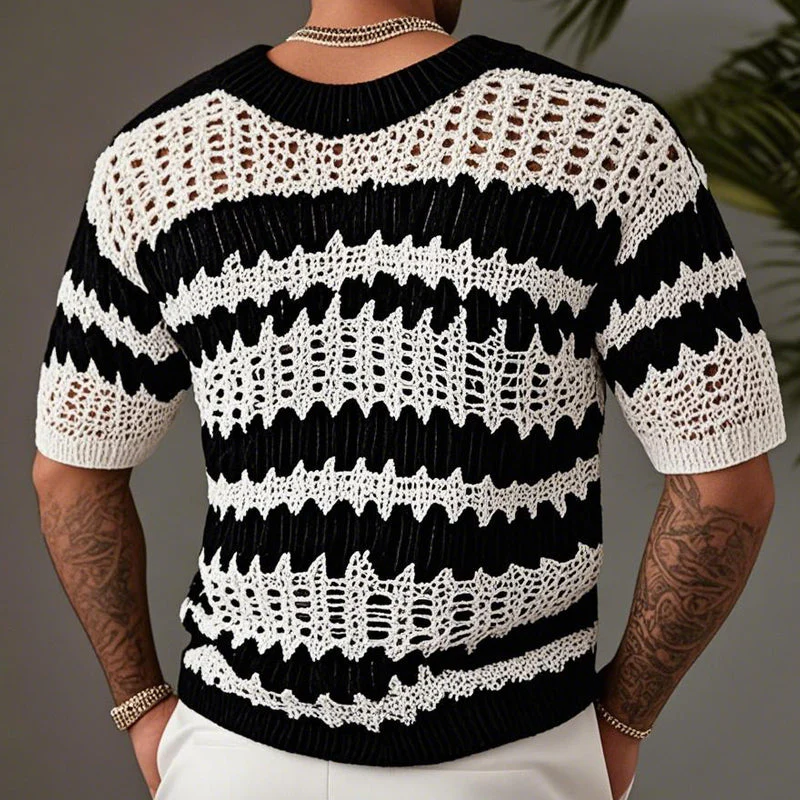 Men'snitted Contrast Color V-neck Short-sleeved Sweater T-Shirt - Image 2