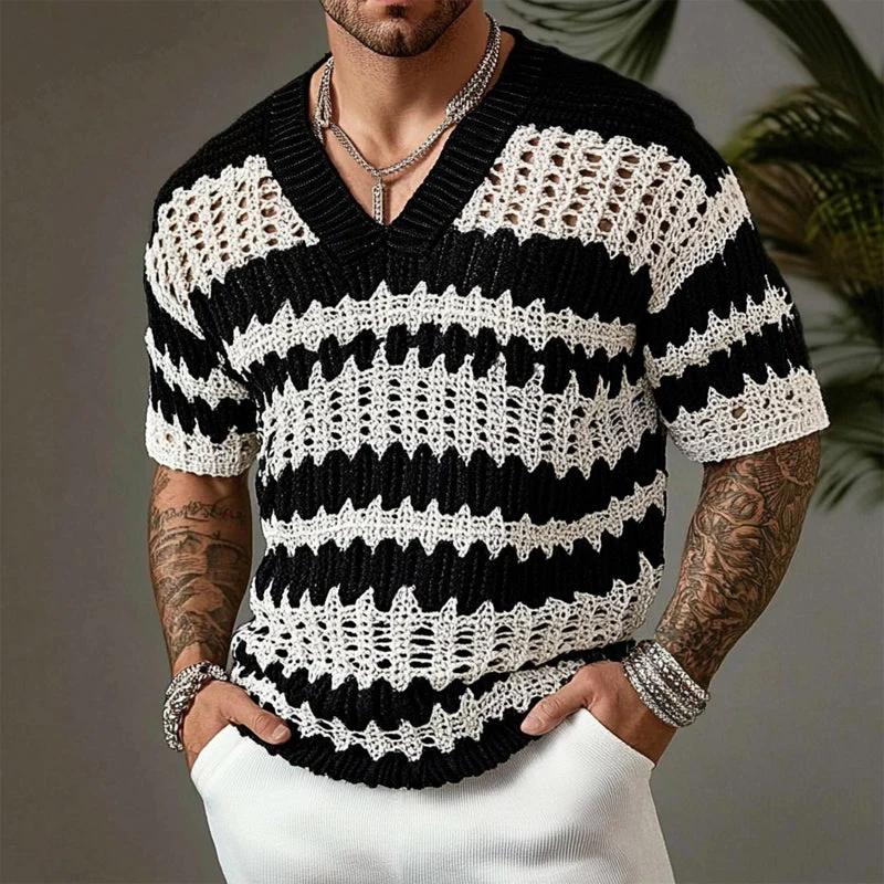 Men'snitted Contrast Color V-neck Short-sleeved Sweater T-Shirt - Image 3