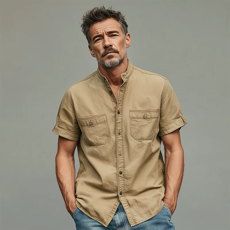 Michael | Men'S Summer Casual Cotton Blended Washed Stand Collar Short Sleeve Shirt - Image 3