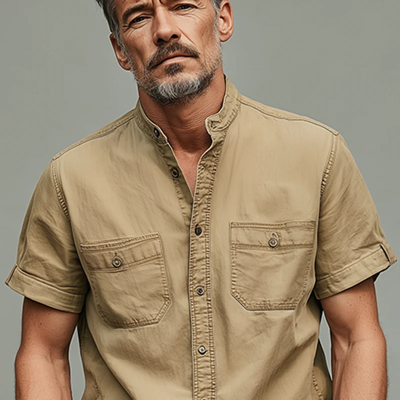 Michael | Men'S Summer Casual Cotton Blended Washed Stand Collar Short Sleeve Shirt - Image 4