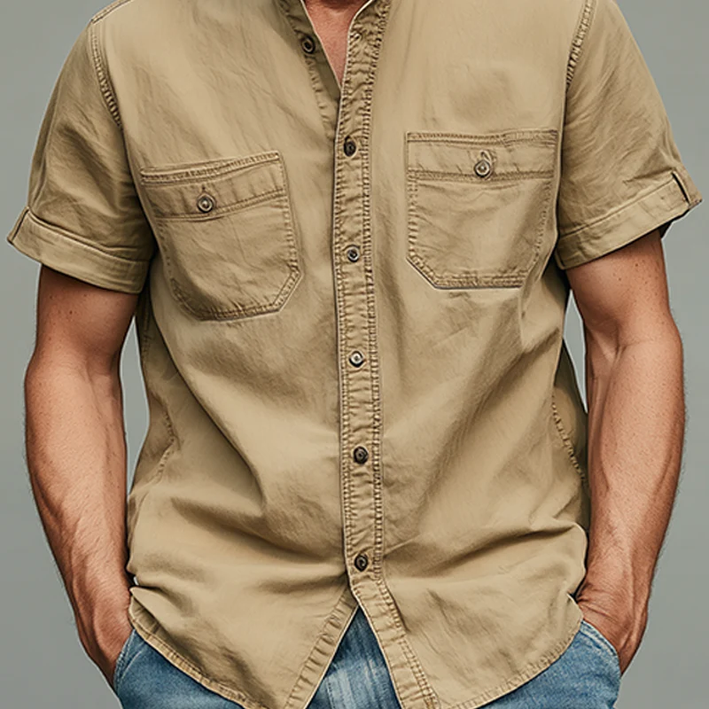 Michael | Men'S Summer Casual Cotton Blended Washed Stand Collar Short Sleeve Shirt - Image 5