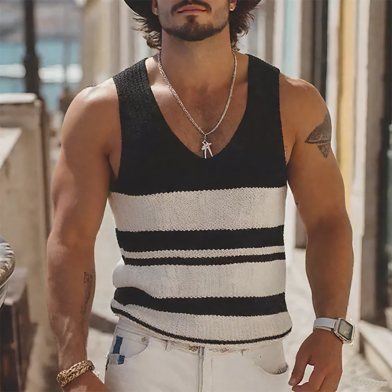Michael | Men'S Summer Fashion Casual U-Neck Knitted Black And White Horizontal Striped Tank Top - Image 2