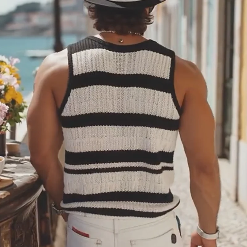 Michael | Men'S Summer Fashion Casual U-Neck Knitted Black And White Horizontal Striped Tank Top - Image 4