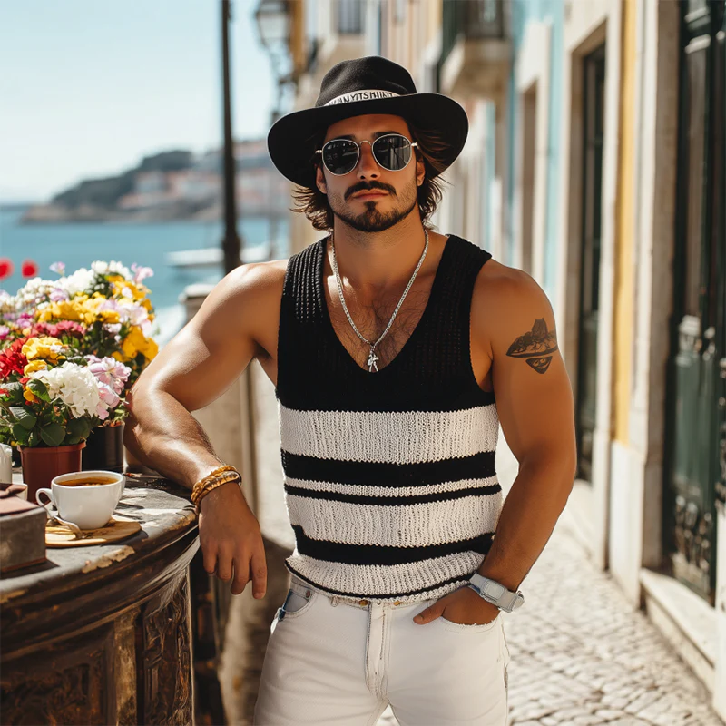 Michael | Men'S Summer Fashion Casual U-Neck Knitted Black And White Horizontal Striped Tank Top - Image 5