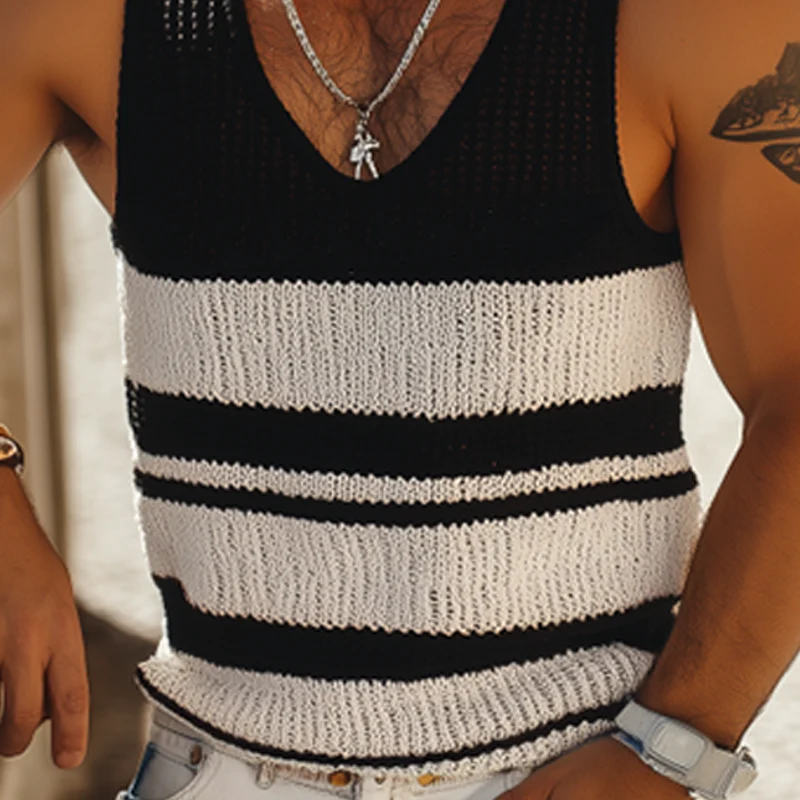 Michael | Men'S Summer Fashion Casual U-Neck Knitted Black And White Horizontal Striped Tank Top - Image 7