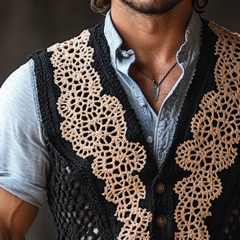 Michael | Men'S Western Crochet Colorblock Single Breasted Vest - Image 2