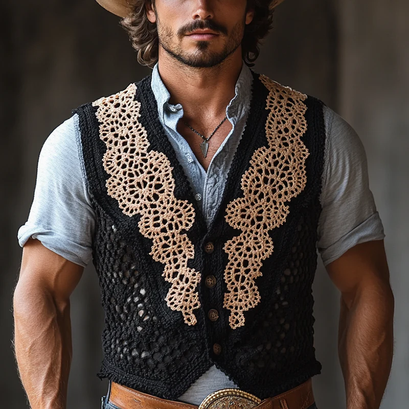 Michael | Men'S Western Crochet Colorblock Single Breasted Vest - Image 4