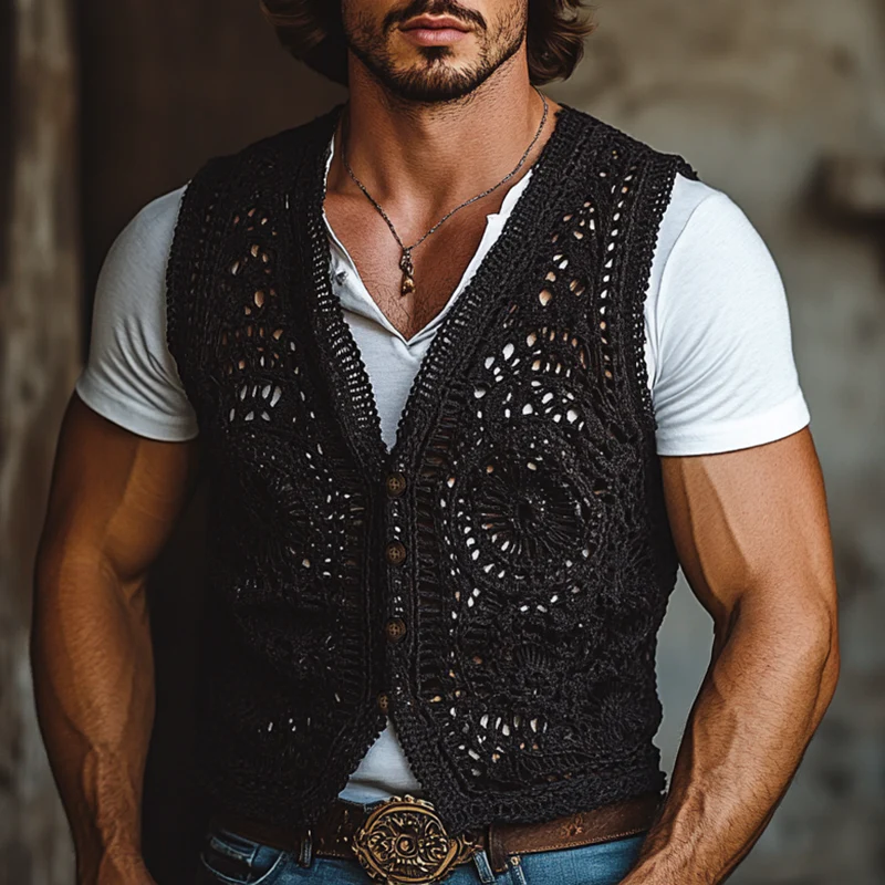 Miguel | Men'S Western Style Black Crochet Single Breasted Vest - Image 4