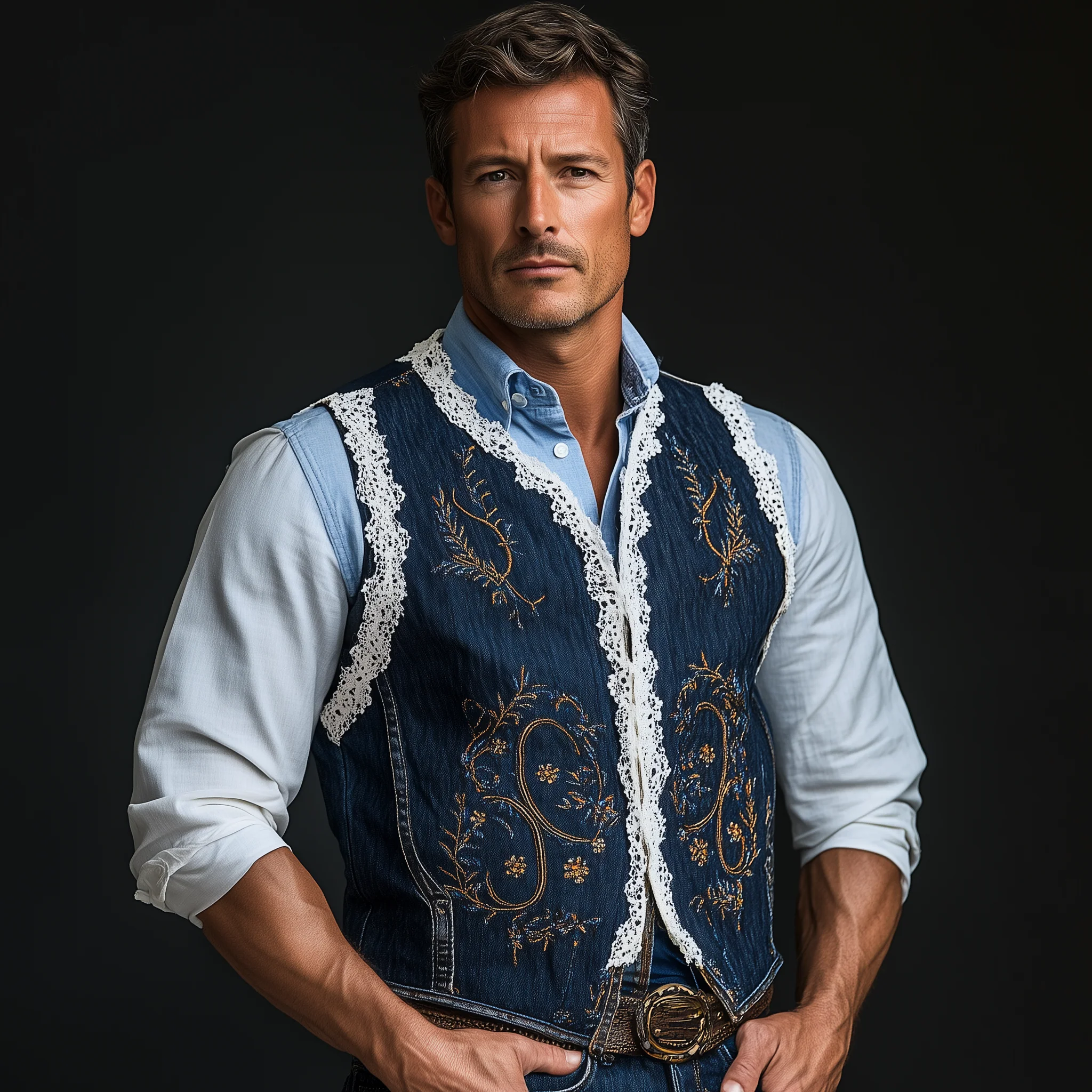 Mike | Men'S Summer Fashion Embroidered Lace Decorated Washed Denim Vest - Image 2