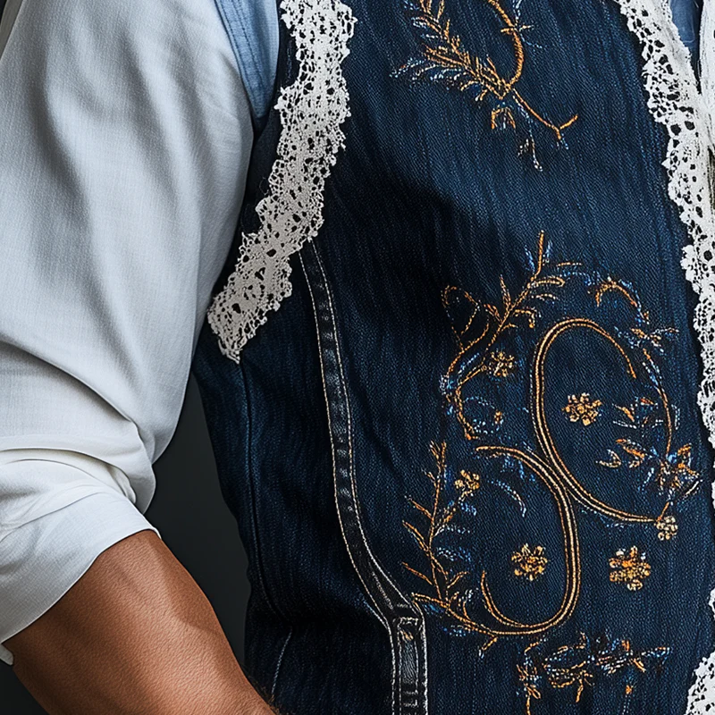 Mike | Men'S Summer Fashion Embroidered Lace Decorated Washed Denim Vest - Image 3