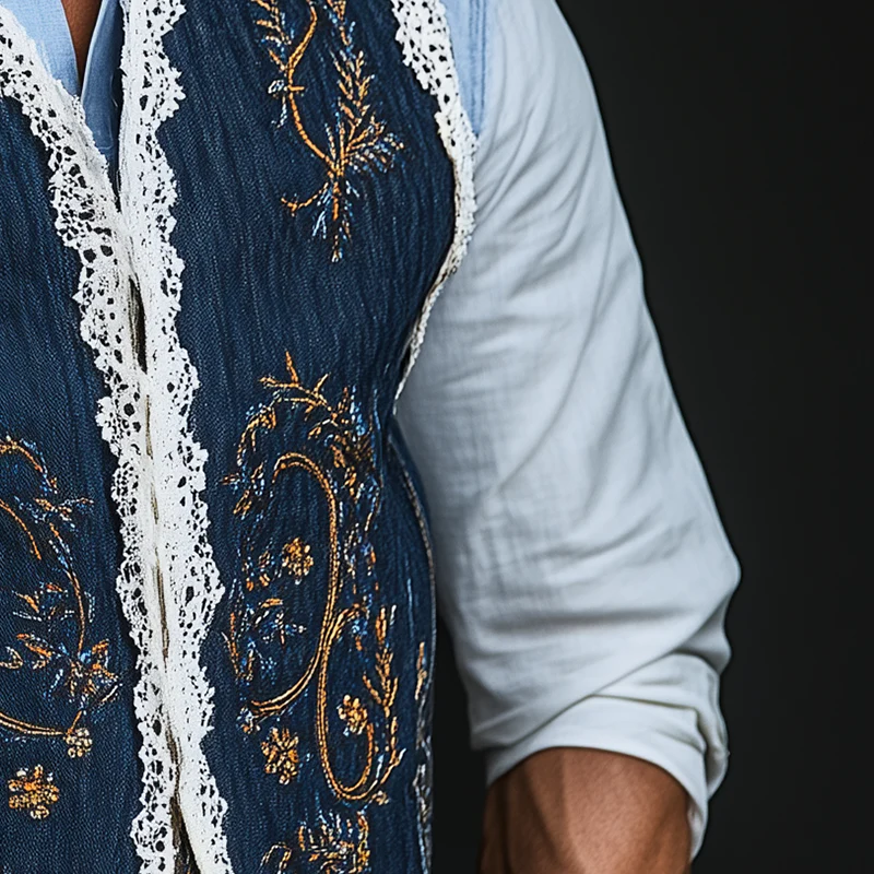 Mike | Men'S Summer Fashion Embroidered Lace Decorated Washed Denim Vest - Image 4