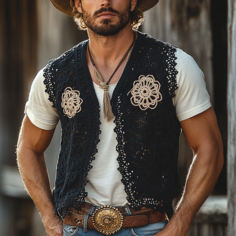 Mike | Men'S Western Style Colorblock Crochet Buttonless Vest - Image 4